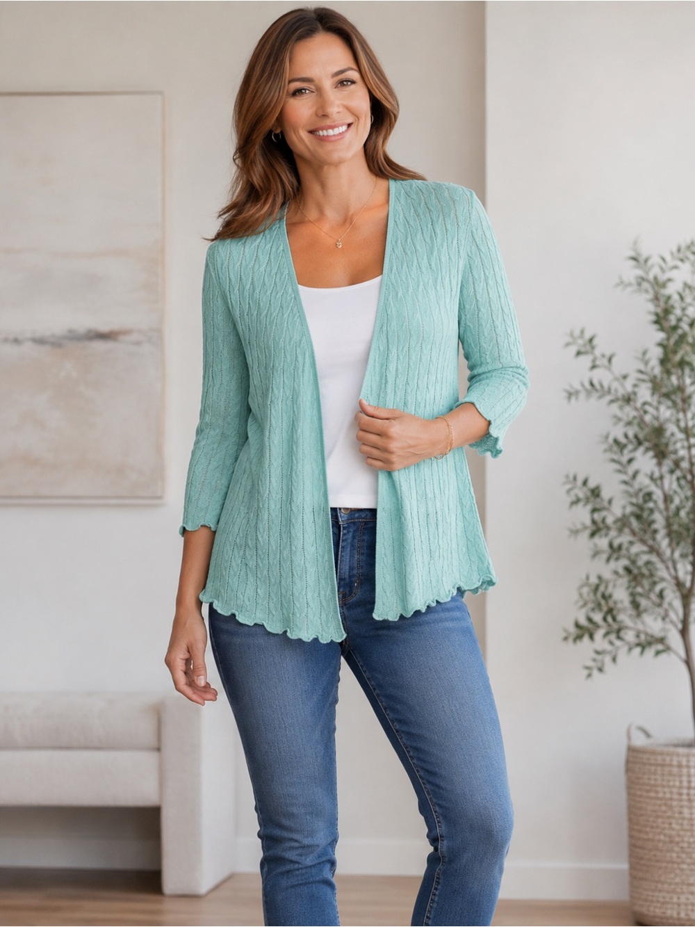 Light Aqua Open-Front Knit Cardigan Sweater